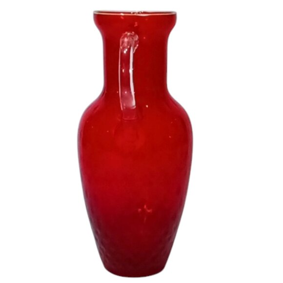 Vintage Lovely Red Art Glass Vase Double Clear Glass Handles 8" Tall - Picture 2 of 4